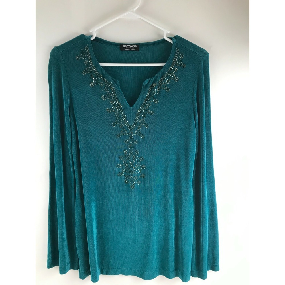 Softwear Petite by Mark Singer Top Women's Small Aruba Blue Long Sleeve Beaded